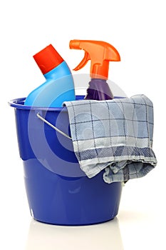 Plastic household bucket with two cleaning bottles
