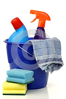 Plastic household bucket with two cleaning bottles