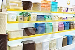 Plastic household containers in store