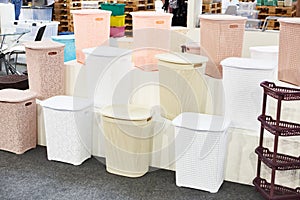 Plastic household containers in store