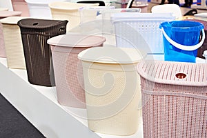 Plastic household containers in store