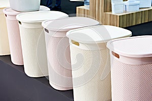 Plastic household containers in store