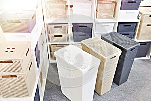 Plastic household containers in store