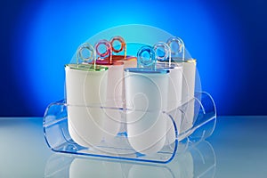 Plastic ice cream lolly form molds stand on plexiglas stand