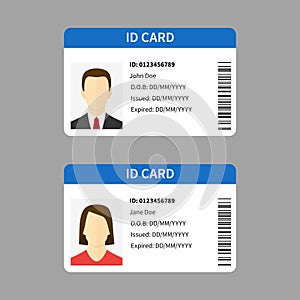 Plastic id cards. Personal registration form card, car driver license with male and female photo, document template