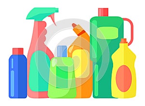 Plastic industrial detergent bottles set. Household chemicals containers plastic bottle pack