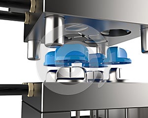 Plastic injection moulding.Cups, boxes, toolboxes. Close up. The production process for Plastic