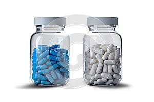 Plastic jar with capsules or tablets. drug drug. jar mockup. Pills poured out of an open jar with a vitamin. Place for logo and