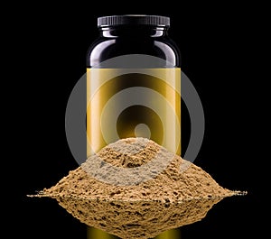 Plastic jar of sport nutrition like whey protein casein, bcaa on heap of powder photo