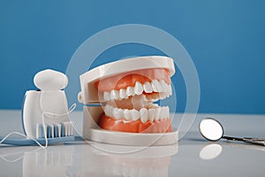 Plastic jaw with toothbrush and dental floss on a blue background. Oral hygiene concept