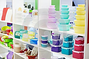 Plastic kitchen food containers in store