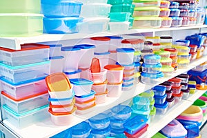 Plastic kitchen food containers in store