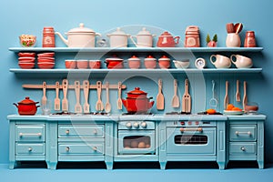 Plastic kitchen set for children. Plastic kitchen with kitchen utensils. Generated by artificial intelligence