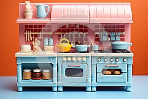 Plastic kitchen set for children. Plastic kitchen with kitchen utensils. Generated by artificial intelligence