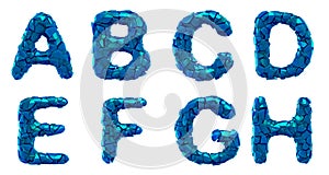 Plastic letters set A, B, C, D, E, F, G, H made of 3d render plastic shards blue color.