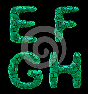 Plastic letters set E, F, G, H made of 3d render plastic shards green color.