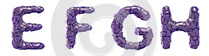 Plastic letters set E, F, G, H made of 3d render plastic shards purple color.