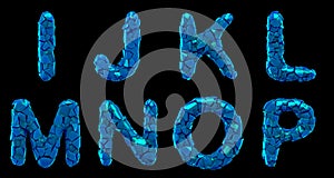 Plastic letters set I, J, K, L, M, N, O, P made of 3d render plastic shards blue color.