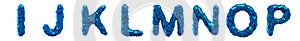 Plastic letters set I, J, K, L, M, N, O, P made of 3d render plastic shards blue color.