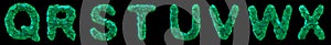 Plastic letters set Q, R, S, T, U, V, W, X made of 3d render plastic shards green color.