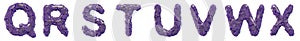 Plastic letters set Q, R, S, T, U, V, W, X made of 3d render plastic shards purple color.