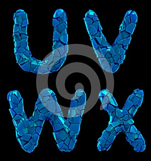 Plastic letters set U, V, W, X made of 3d render plastic shards blue color.