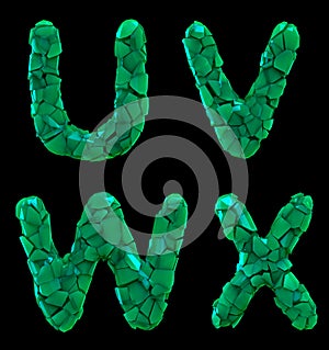 Plastic letters set U, V, W, X made of 3d render plastic shards green color.