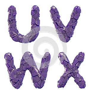 Plastic letters set U, V, W, X made of 3d render plastic shards purple color.