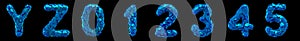 Plastic letters set Y, Z, 0, 1, 2, 3, 4, 5 made of 3d render plastic shards blue color.