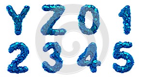Plastic letters set Y, Z, 0, 1, 2, 3, 4, 5 made of 3d render plastic shards blue color.