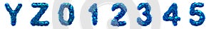 Plastic letters set Y, Z, 0, 1, 2, 3, 4, 5 made of 3d render plastic shards blue color.