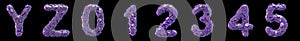 Plastic letters set Y, Z, 0, 1, 2, 3, 4, 5 made of 3d render plastic shards purple color.