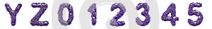 Plastic letters set Y, Z, 0, 1, 2, 3, 4, 5 made of 3d render plastic shards purple color.