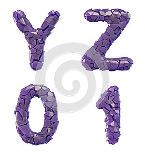 Plastic letters set Y, Z, 0, 1 made of 3d render plastic shards purple color.