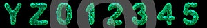 Plastic letters set Y, Z, 0, 1, 2, 3, 4, 5 made of 3d render plastic shards green color. photo