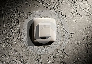 A plastic light switch is mounted on a textured gray wall. The wall