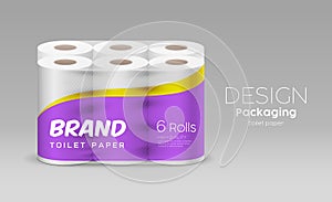 Plastic long roll toilet paper one package six roll, purple and yellow design on gray background