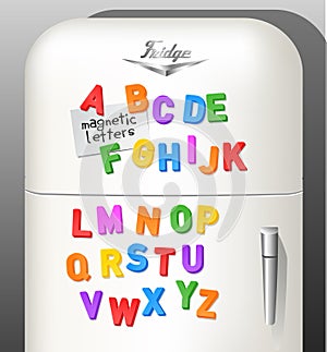 Plastic magnetic alphabet letters displayed on vintage refrigerator