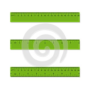 Plastic measuring rulers in centimeters, inches, millimeter - aparted and combined. Vector.