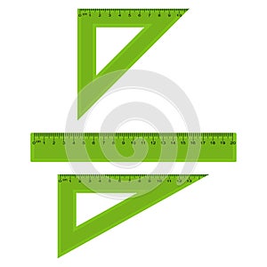 Plastic measuring and triangle rulers in centimeters and millimeter. Vector.