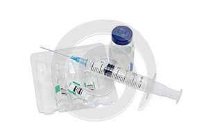 Plastic medical syringe with hypodermic needle and pharmaceutical products ampoules