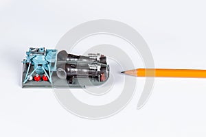 Plastic model of helicopter engine and main gear collected and painted by hand. Avia modelling hobby, scale of miniature with the