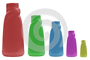 Plastic multi colored bottle for detergent cleaning agen iIsolated on white background. Different colour plastic bottle isolated