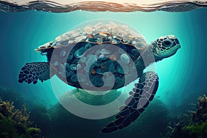 Plastic Ocean: underwater shot of seturtle trapped in plastic waste, surrounded by plastic bags, bottles, and other