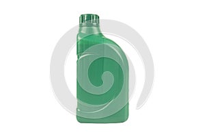 Plastic oil canister isolated on white background. Storage Tank. Canister for gasoline, diesel and gas. Green plastic canister for