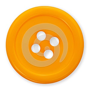 Plastic orange button isolated on white background, top view macro close up