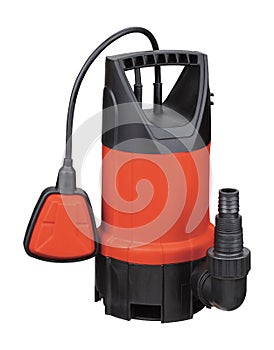 Plastic orange drainage pump pumping water, with automatic shut-off float, isolated white background. Flooded premises
