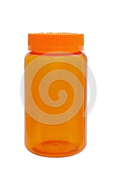 Plastic orange small bottle for pills and tablets, empty with a cover isolated on a white background