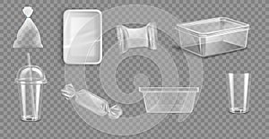 Plastic Packages Transparent Wrap Set Vector. Empty Food Product Polyethylene Package Mock Up Template. Realistic Nylon Pack