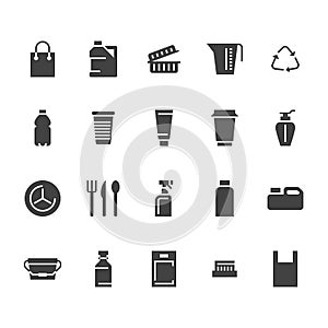 Plastic packaging, disposable tableware flat glyph icons. Product packs, container, bottle, canister, plates cutlery